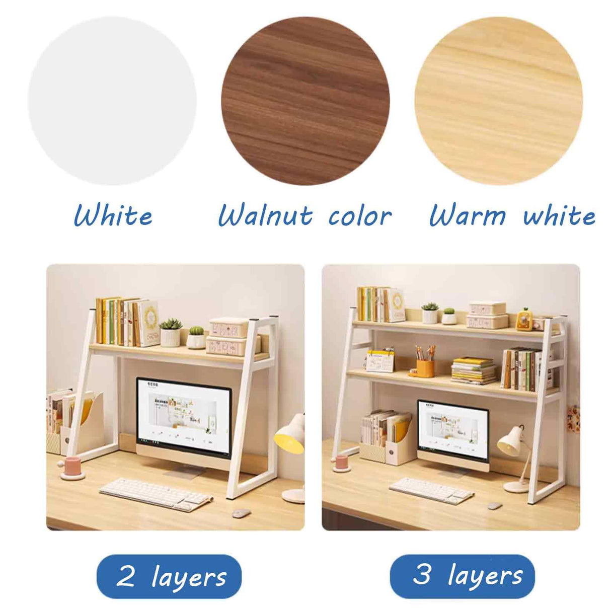 JXCAA Ladder Bookcase for Computer Desk, 2-Tier, 3-Tier, Dorm Room Desk Hutch, Desktop Bookshelf Organizer, Steel Frame, with Installation Tools, Dark Walnut, H 65/90 Cm JXCAA