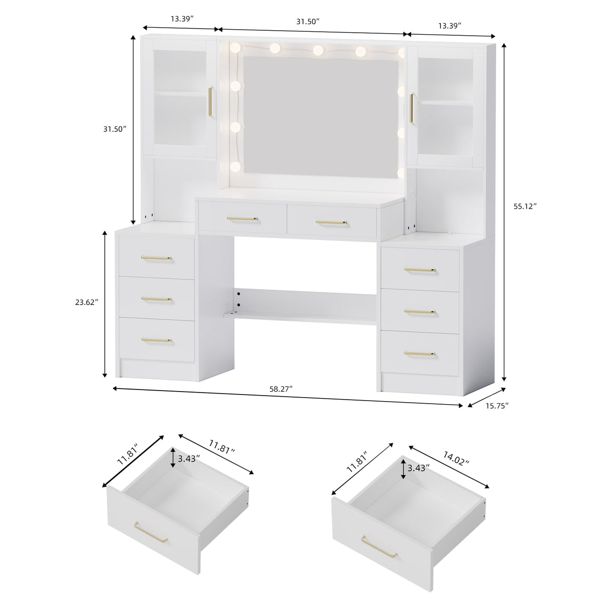 58.3" Makeup Vanity Desk with Charging Station, White Makeup Dressing Table with Mirror & Lights, 3 Lighting Modes Adjustable Brightness, Vanity Table with Power Outlet & 8 Drawers without Stool lertrugs