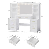 58.3”Vanity Desk with Mirror and Lights & Charging Station, Bedroom Dressing Table, Large Vanity Set, 8 Drawers and 2 Cabinets, Makeup Vanity Table with Charging Station, Without Stool TOKSOM
