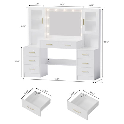 58.3”Vanity Desk with Mirror and Lights & Charging Station, Bedroom Dressing Table, Large Vanity Set, 8 Drawers and 2 Cabinets, Makeup Vanity Table with Charging Station, Without Stool