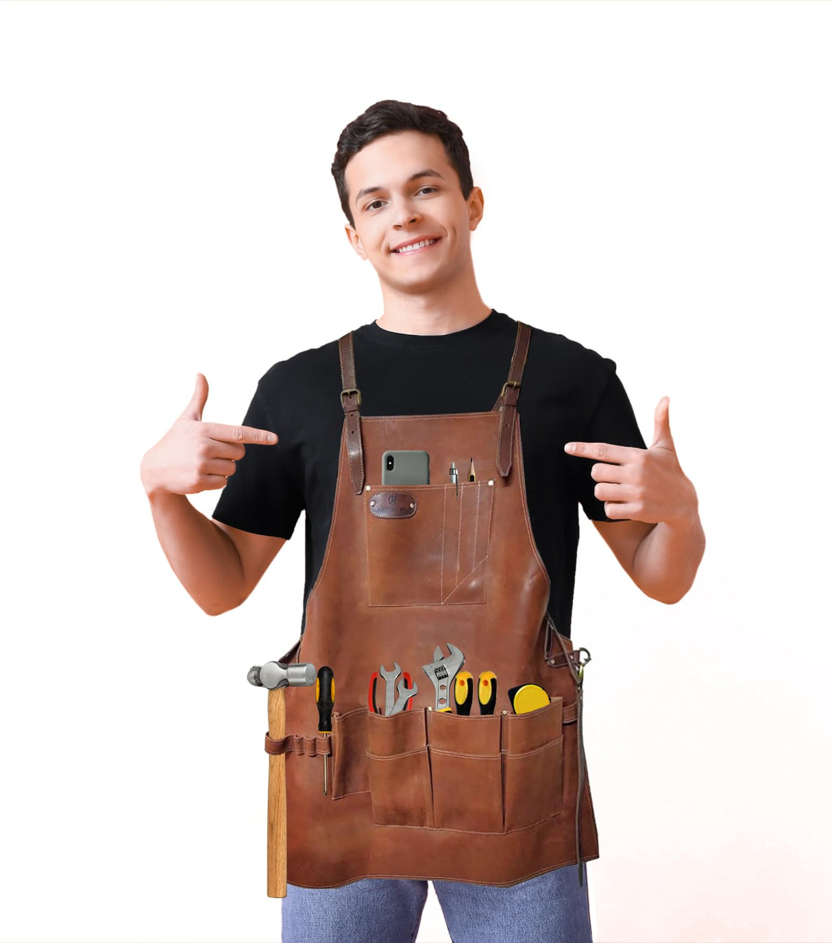 Leather Hubb 8-Pocket Leather Tool Apron Electrician Apron, Carpenter Apron, Tool Pouch, Apron for Welding, Blacksmith, Woodworking, BBQ Apron | Heat & Flame Resistant | Adjustable 33” to 54” Leather Hubb