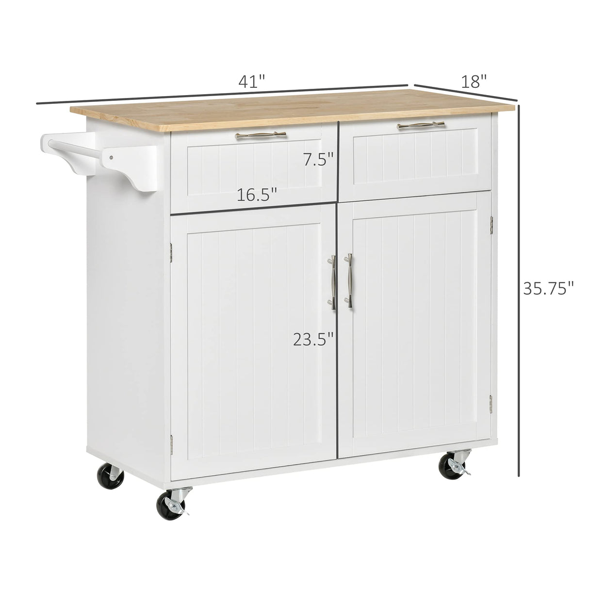HOMCOM 41" Modern Rolling Kitchen Island on Wheels, Utility Cart Storage Trolley with Rubberwood Top & Drawers, White HOMCOM