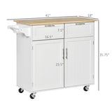 HOMCOM 41" Modern Rolling Kitchen Island on Wheels, Utility Cart Storage Trolley with Rubberwood Top & Drawers, White HOMCOM