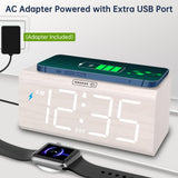 DreamSky Wooden Digital Alarm Clock with Wireless Charging for Bedroom, Bedside Nightstand Clock with Charger Station, USB Port, Large Numbers, Adjustable Volume, Brightness Dimmer, DST DreamSky