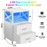 HDDDZSW LED Nightstand with Charging Station, Side Table with USB Ports and Outlets, End Table for Small Spaces, White Bedside Tables with Fabric-Wood 2-in-1 Drawer for Bedroom, Living Room, Office HDDDZSW