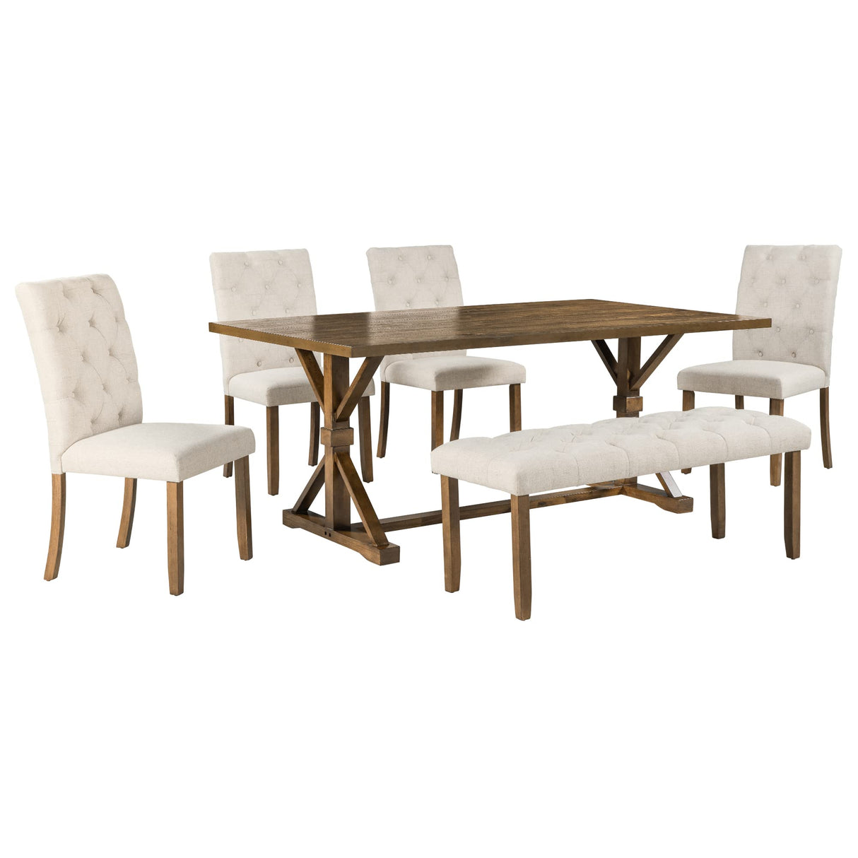 Bellemave 6-Piece Dining Table Set for 6 Farmhouse Kitchen Table Set with 4 Upholstered Chairs and Bench, Rectangular Dining Room Set for Kitchen, Dining Room (Walnut) Bellemave