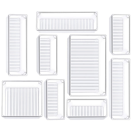 Kootek 9 Pcs Drawer Organizer Set, 4-Size Bathroom Vanity Trays Makeup Desk Dividers Versatile Storage Bins Clear Plastic Container for Dresser, Bedroom, Kitchen, Office Kootek