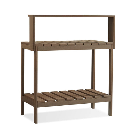 Psilvam Outdoor Poly Lumber Potting Bench, Polystyrene Garden Table with Storage Shelves, All-Weather Patio Work Station for Gardening(Brown) Psilvam