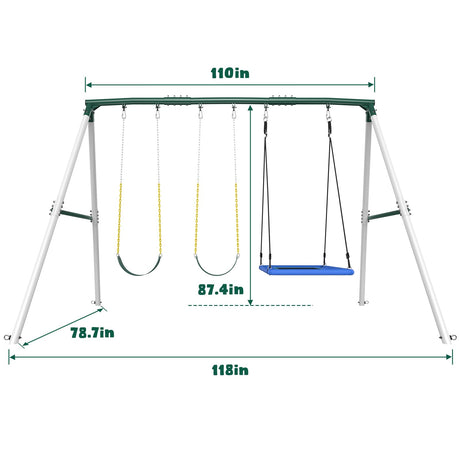 Hapfan 7.3ft Tall Heavy Duty Swing Set, 3 Swings Metal Swing Sets for Backyard, Big Kids Playset for Playground Outdoor Hapfan
