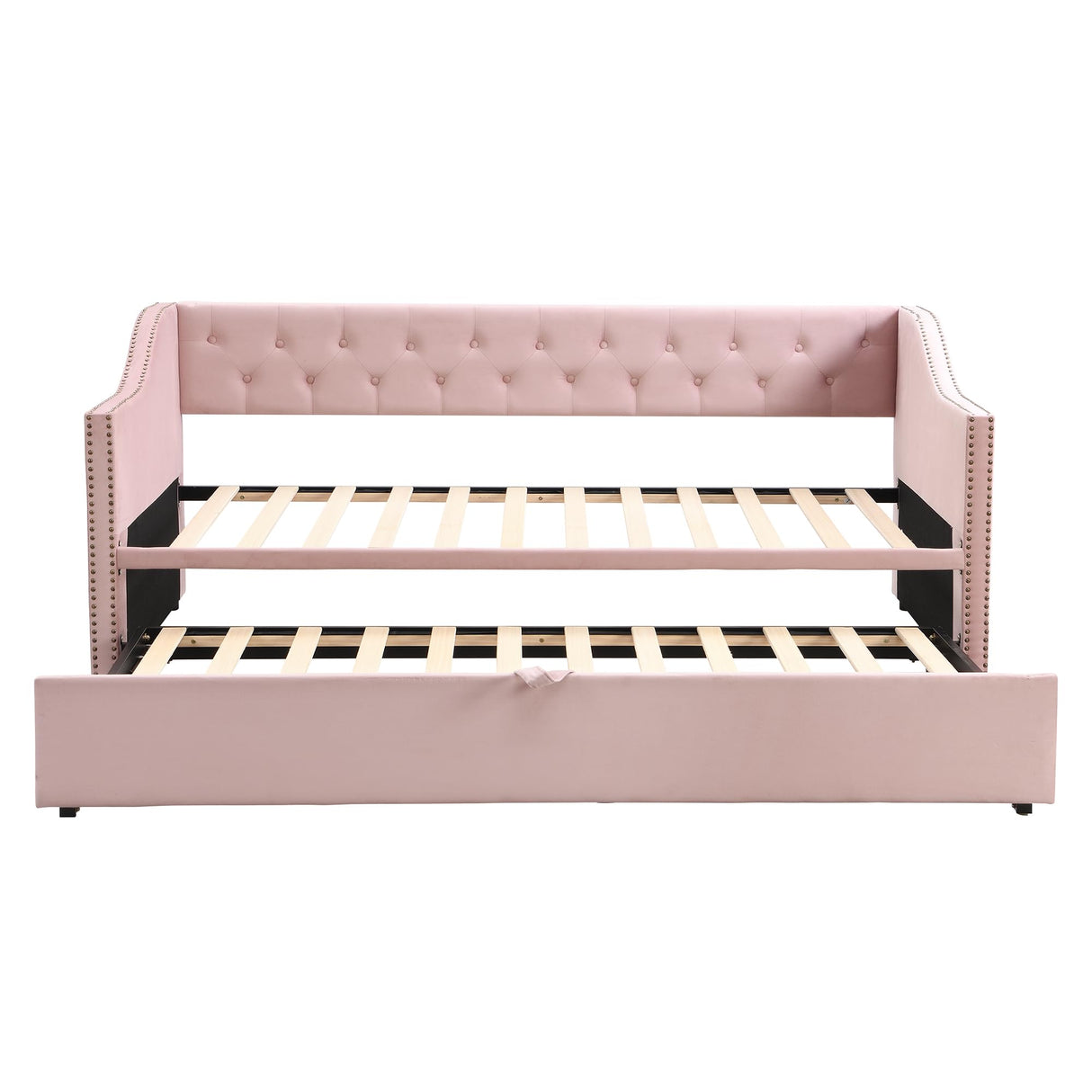 XD Designs Upholstered Daybed with Pop Up Trundle, Twin to King Size Velvet Upholstery Daybed Sofa Bed with Armrests for Bedroom Guest Room Living Room, Maximize Space (Pink-23) XD Designs