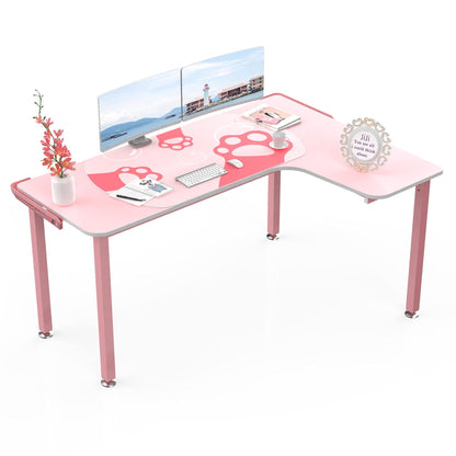 It's_Organized 61 Inch L Shaped Gaming Desk,Space-Saving Corner Desk with Cat Paw Mousepad,Modern PC Computer Study Writing Table for Girl,Easy to Assemble,Pink