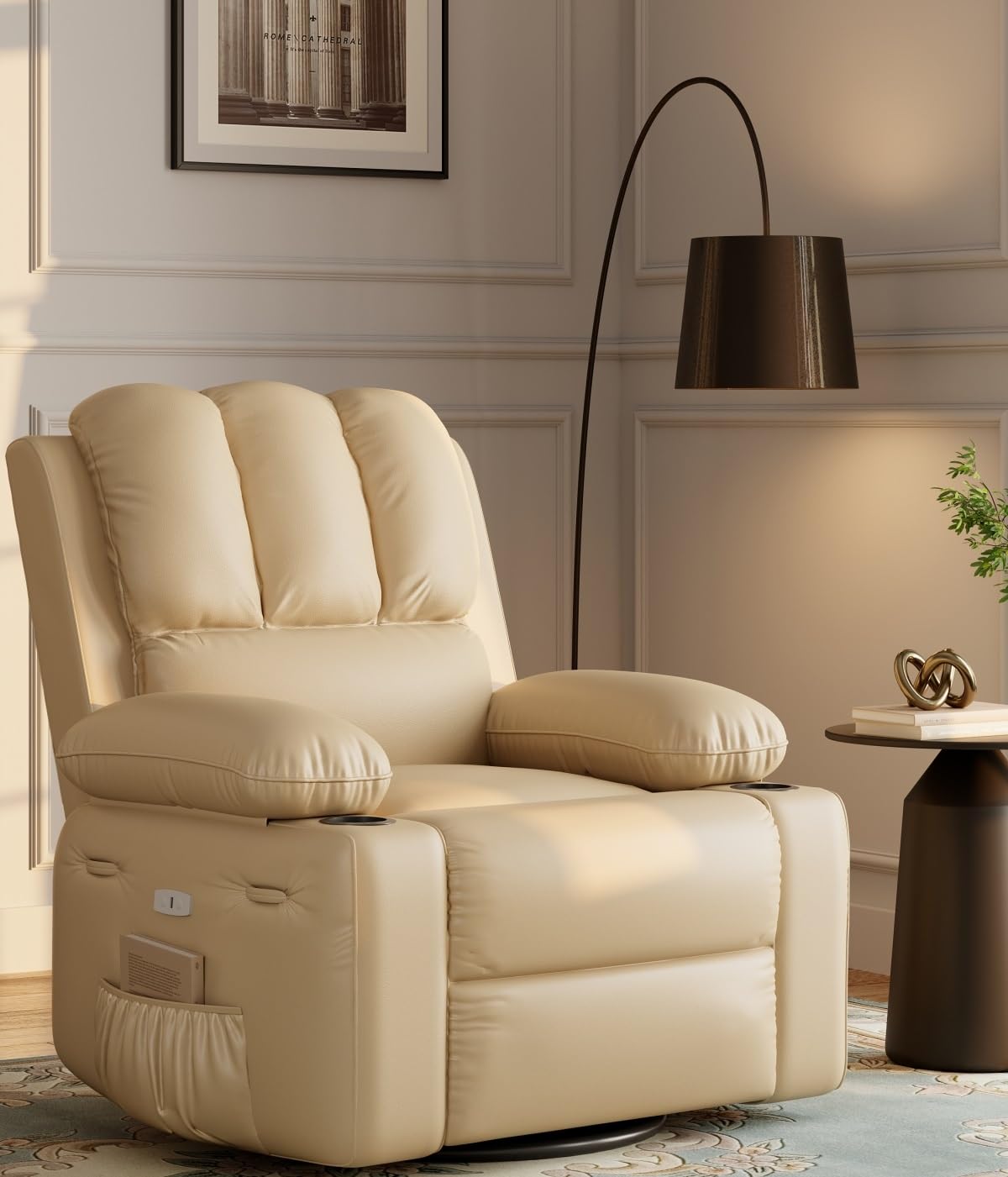 Oversized 27" Power Recliner Chair with Heat and Massage - 360° Swivel Faux Leather Rocking Chair for Adults with Cup Holder for Living Rooms, Bedrooms, and Nurseries - Beige GarveeHome
