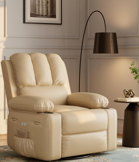 Oversized 27" Power Recliner Chair with Heat and Massage - 360° Swivel Faux Leather Rocking Chair for Adults with Cup Holder for Living Rooms, Bedrooms, and Nurseries - Beige GarveeHome