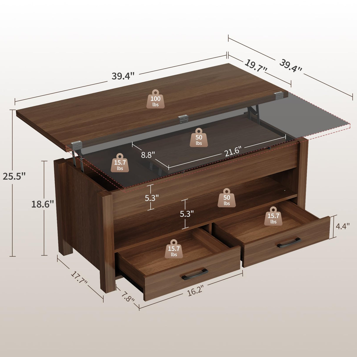 Garvee 40" Coffee Table Lift Top, Multi-Function Convertible Coffee Table with Drawers and Hidden Compartment, Converts to Dining Table for Living Room, Brown Garvee
