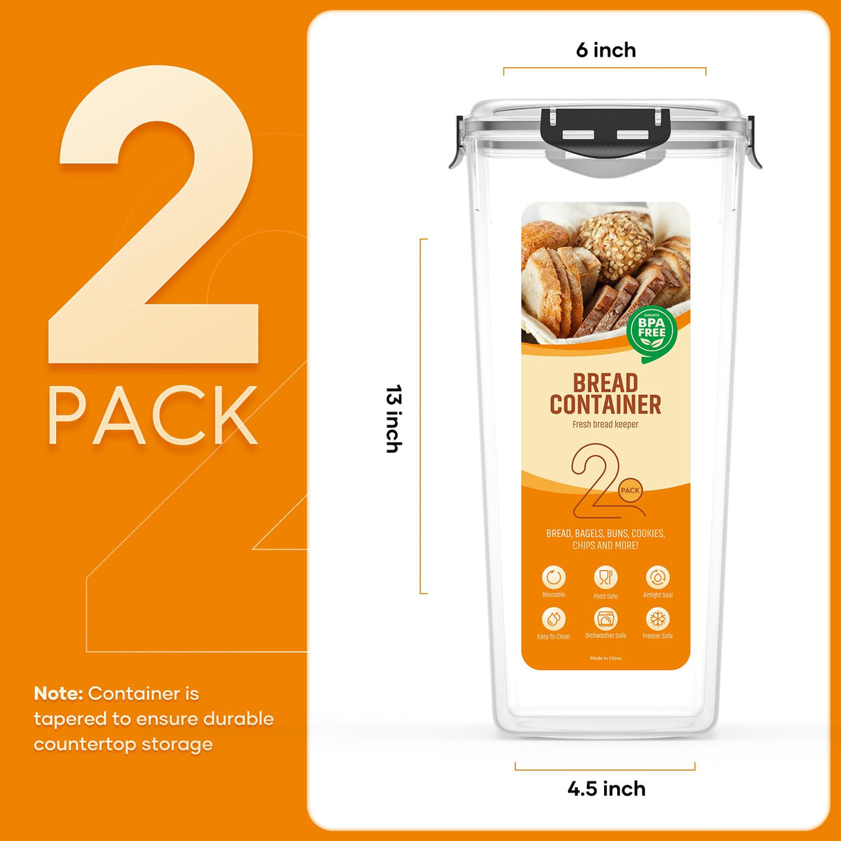 DaCool Bread Box 2 Pack, Plastic Bread Container, Bread Storage for Kitchen Counter, Bread Keeper with Airtight Lid, Tall Bread Saver, Sandwich Bread Holder, 5.6 Qt / 5.3L Each DaCool