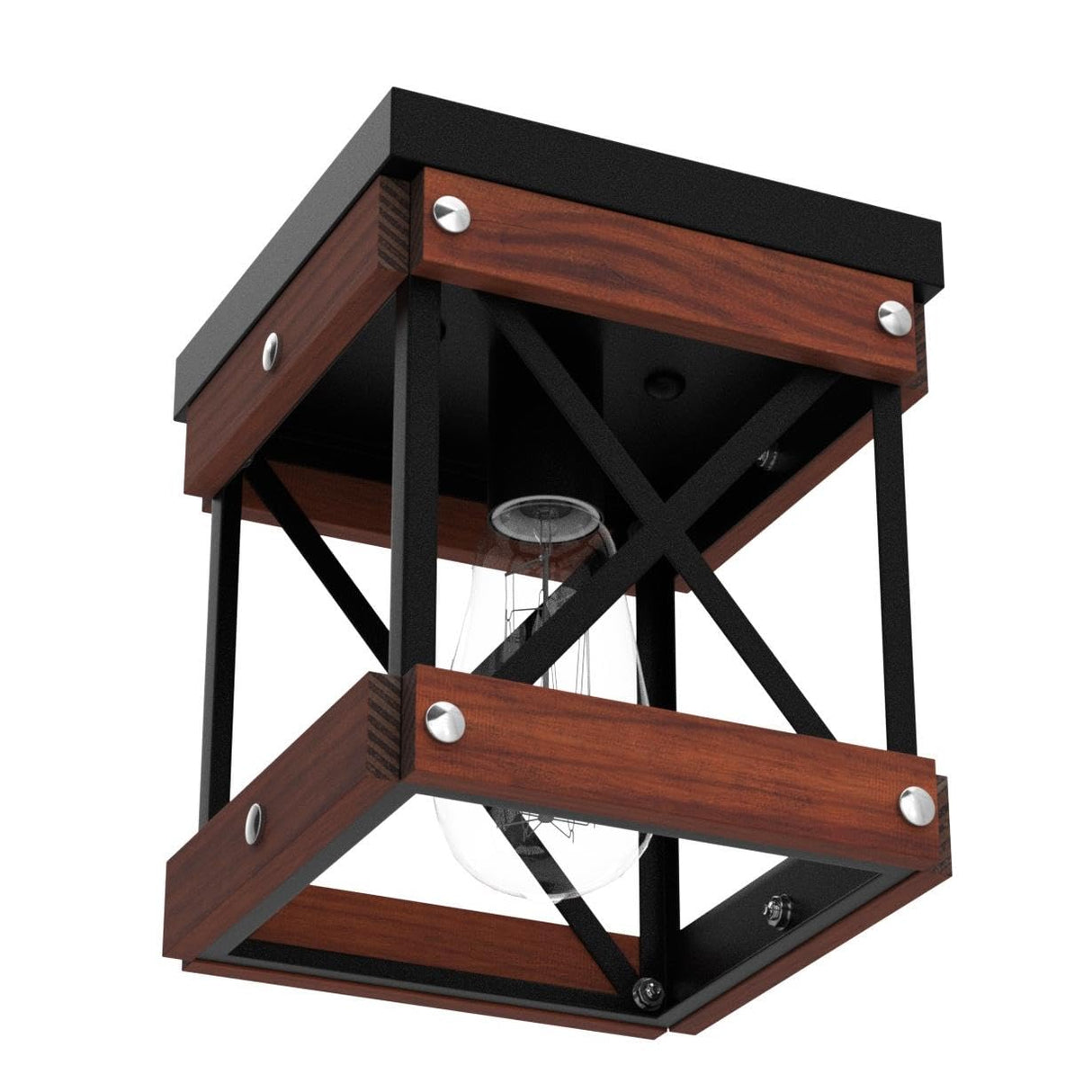 Fivess Lighting Rustic Farmhouse Flush Mount Ceiling Light 1-Light Metal and Wood Cage Mini Semi Flush Mount Light Fixture for Hallway Kitchen Entryway, Black Fivess Lighting