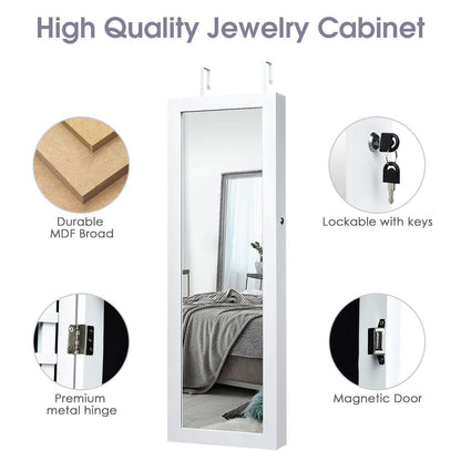 Giantex Jewelry Armoire Wall Door Mounted, Lockable Jewelry Cabinet with 42.5'' Full Length Mirror, 2 LEDs Jewelry Organizer Box with 2 Drawers, Mirror with Jewelry Storage (White) - WoodArtSupply