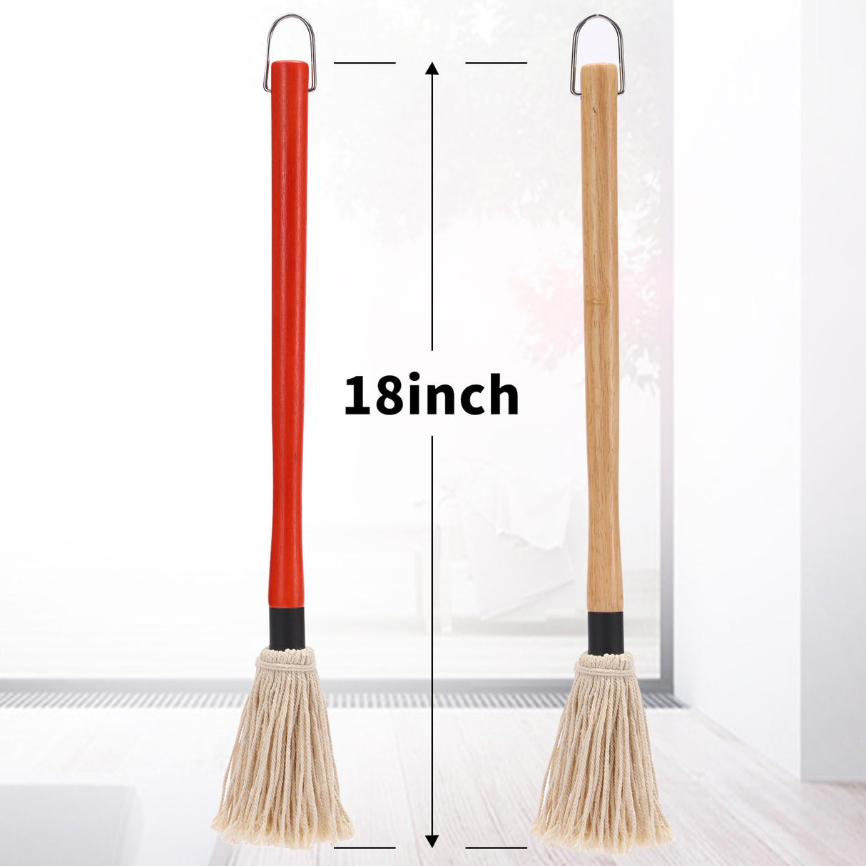 2 Pack 18 inch Grill Basting Mop with Wooden Long Handle and 2 Extra Replacement Brushes for BBQ Grilling Smoking Steak (Nature Wood & Brown) Theuzi