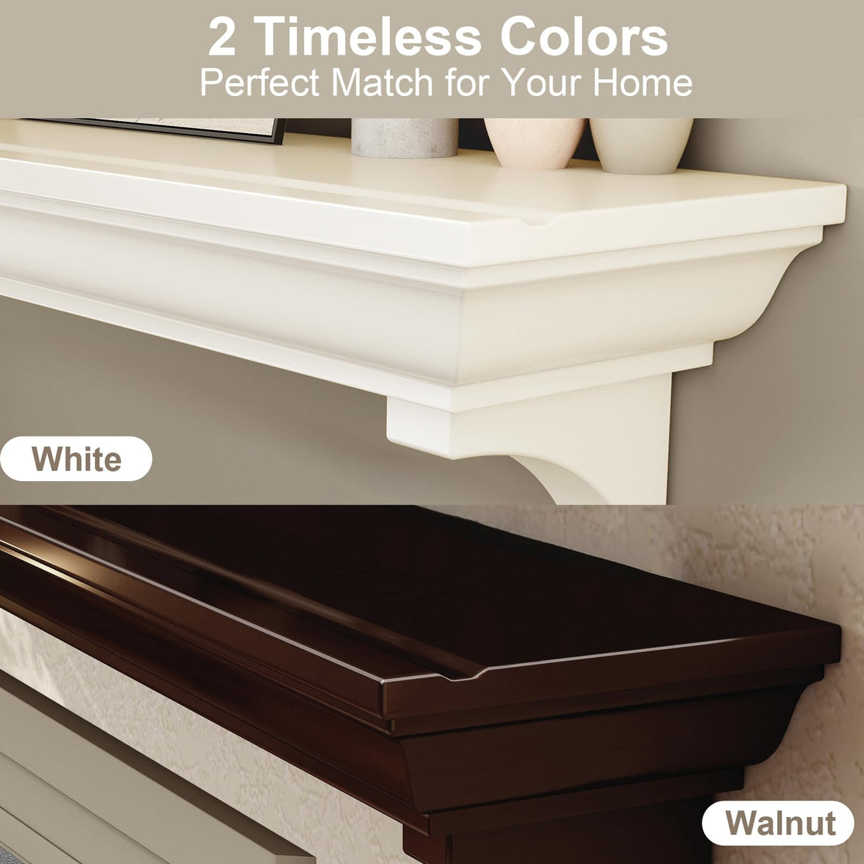 Fireplace Mantel, 60 Inch Rustic Fireplace Mantle with Arched Corbels, 100 lbs Weight Capacity Fire Place Mantel, Natural Wood Mantles for Over Fireplace, Fire Place Mantel for Living Room (White) KALSUBO