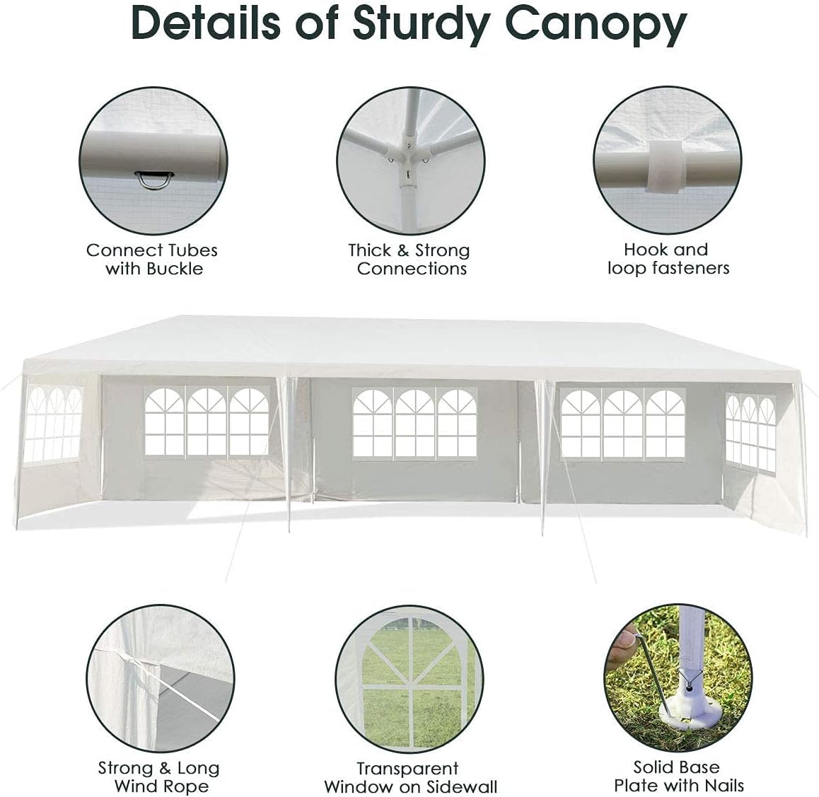 Tangkula 10x30 Ft Canopy Tent, Heavy Duty Party Tent with 5 Removable Sidewalls, Wind Ropes, Ground Stakes, Outdoor White Wedding Tents for Parties, Events, Backyard - WoodArtSupply