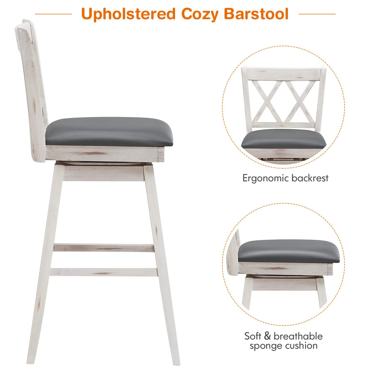 COSTWAY Bar Stool Set of 2, 360° Swivel Bar Height 29.5 inch Bar Stool with Foot Rest Upholstered Cushion & Ergonomic Backrest, Sturdy Frame, for Pub, Restaurant, Home (2, Antique White+ Grey) COSTWAY
