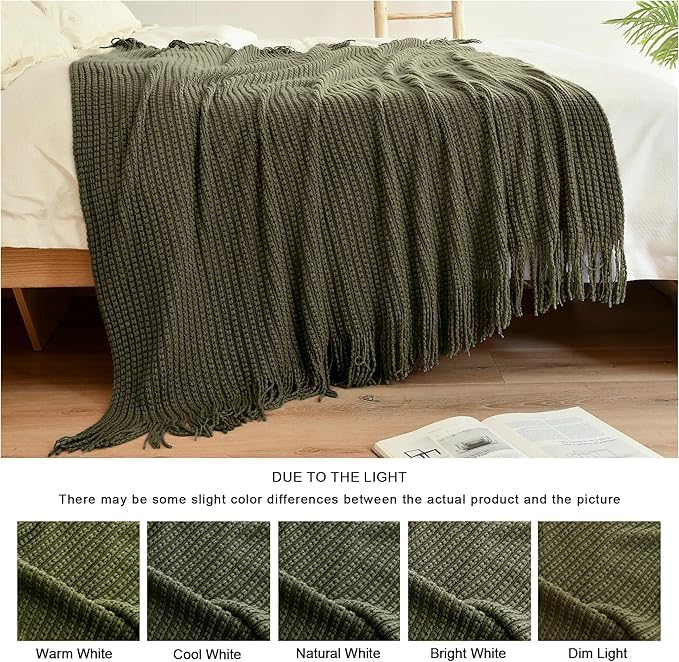 Blagic Knitted Throw Blanket for Couch Soft Farmhouse Boho Throw Blanket with Tassels Home Decorative Lightweight Throw Blankets,Dark Green Throws for Bed/Chair/Sofa, Wheat Textured, 50" W x 60" L Blagic