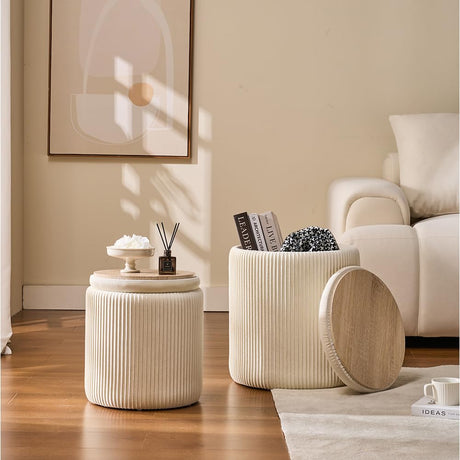 BLEXA Round Set of 2 Ottoman with Storage-Upholstered Velvet Vanity Stool for Makeup Multifunctional Ottomans Coffee Table Padded Seat Foot Rest for Living Room&Bedroom（White） BLEXA