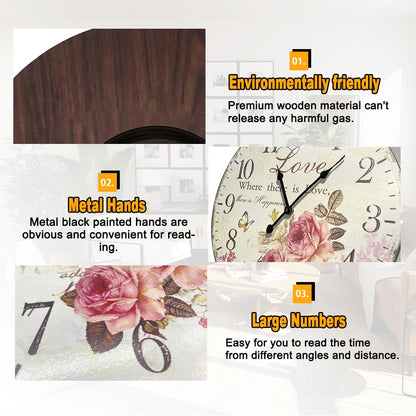 Eruner 24 Inch Wooden Wall Clocks Love Rose Vintage Wall Clock Large Farmhouse Clocks French Clocks Retro Rustic Wall Clock Silent Scan Non-Ticking for Home Living Room Bedroom Kitchen - WoodArtSupply