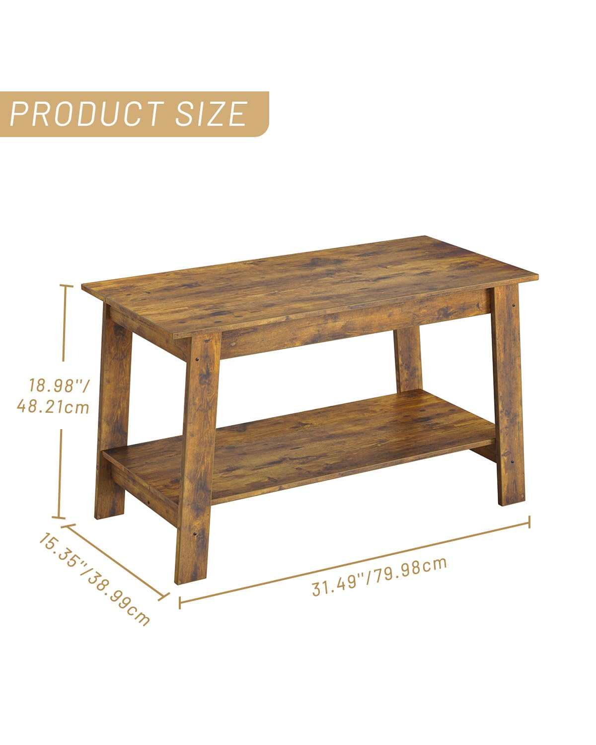 GarveeHome 2-Tie Coffee Table, Rustic Wood Living Room Tables with Open Rectangular Storage Compartment, Coffee Tables for Living Room, Outdoors, Home Office, Bedroom, Retro Brown GarveeHome