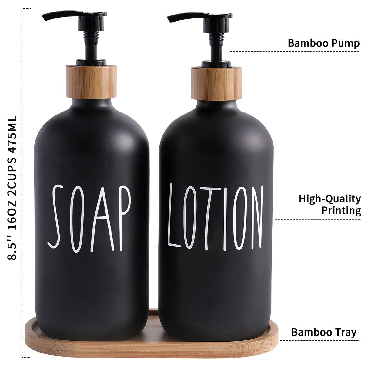 MOMEEMO Black Soap Dispenser Bathroom Set, Set with Glass Dispenser, Bamboo Pumps & Tray. Hand and Lotion Suitable for Farmhouse Decor. (Black) MOMEEMO