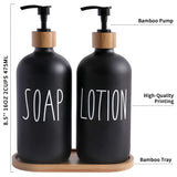 MOMEEMO Black Soap Dispenser Bathroom Set, Set with Glass Dispenser, Bamboo Pumps & Tray. Hand and Lotion Suitable for Farmhouse Decor. (Black) MOMEEMO