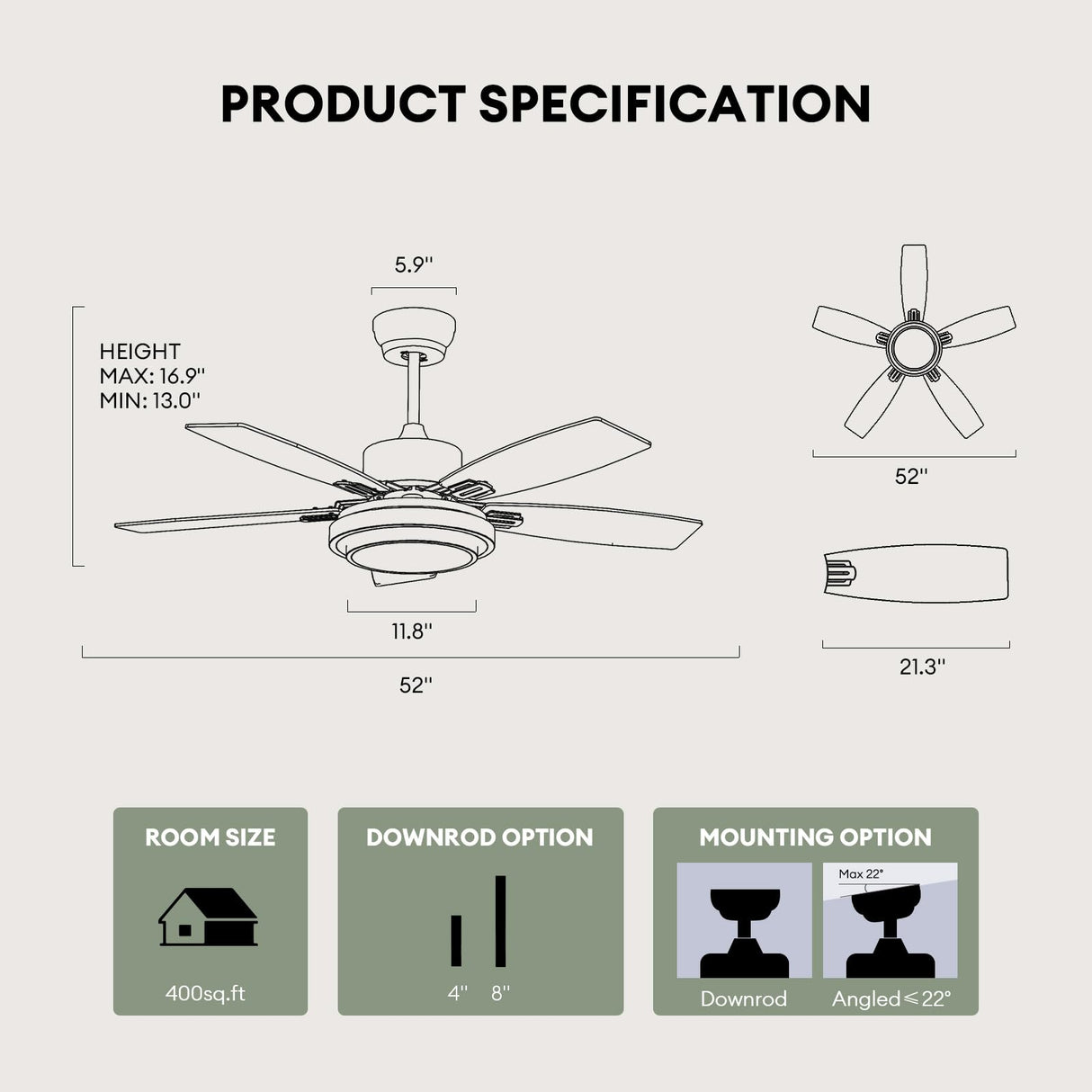 52 Inch Nickel Ceiling Fans with Lights and Remote Control for Bedroom, Modern Ceiling Fan with Quiet Reversible DC Motor, 3CCT, Dimmable, LED for Living Room, Patio, Indoor and Outdoor Fanbliss
