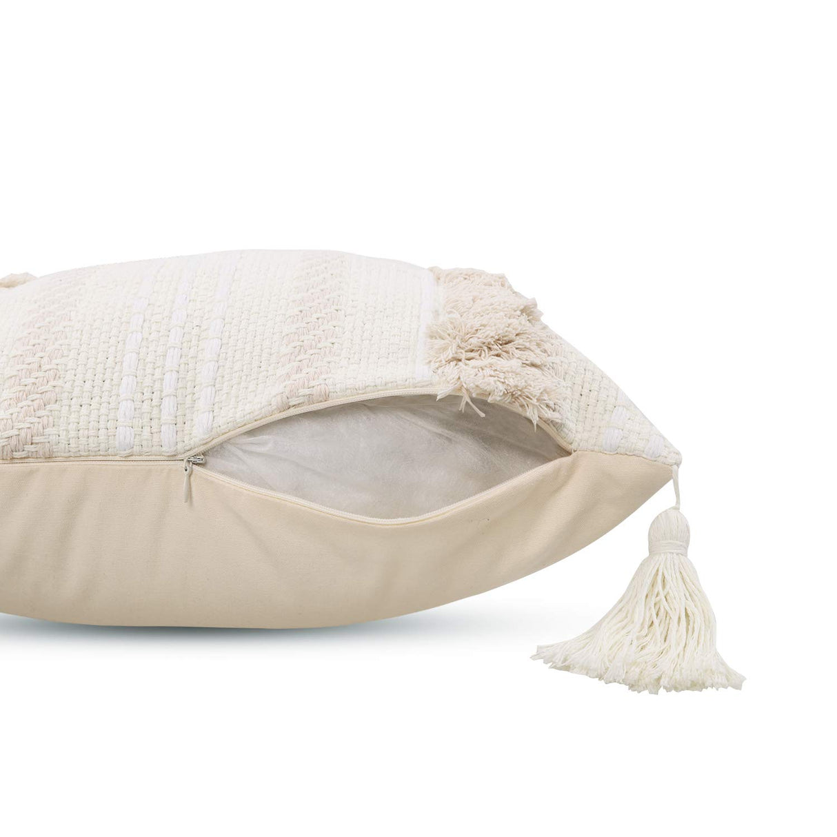 OJIA Lumbar Decorative Boho Throw Pillow Cover, 12 x 20 Farmhouse Cute Pillowcase Minimalist Neutral Collection Cream White Tufted with Tassels Woven Cushion Cover for Sofa Couch Bedroom Living Room OJIA