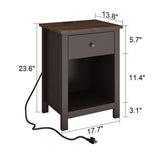 ChooChoo Nightstand with Charging Station, Wooden Top Bedside Table with Drawer and Storage Space for Bedroom, Espresso ChooChoo