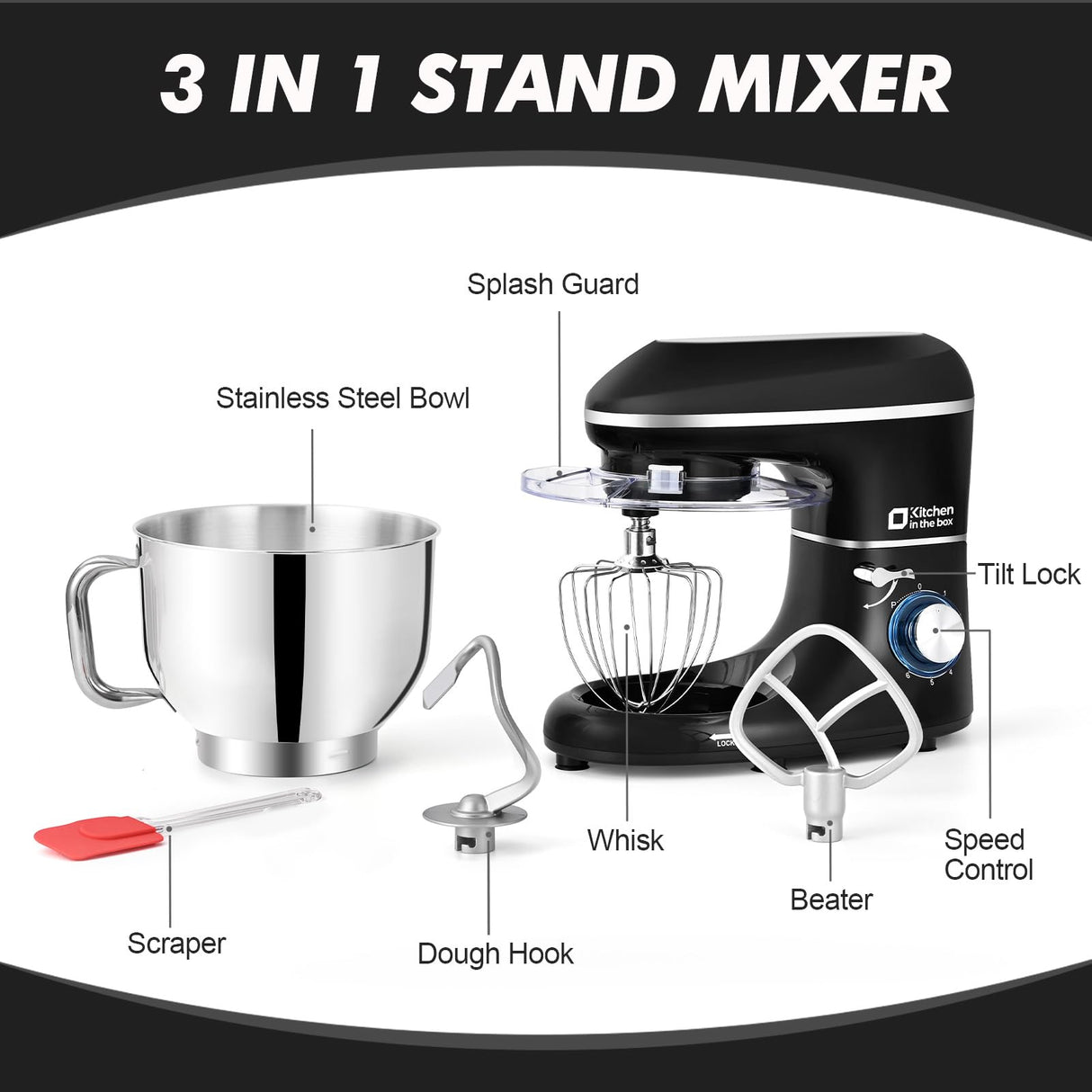 Kitchen in the box Stand Mixer, 6.5QT 660W Electric Kitchen Mixer, 6-Speed Tilt-Head Food Mixer with Dough Hook, Wire Whip, Beater, Dishwasher Safe (Black) Kitchen in the box