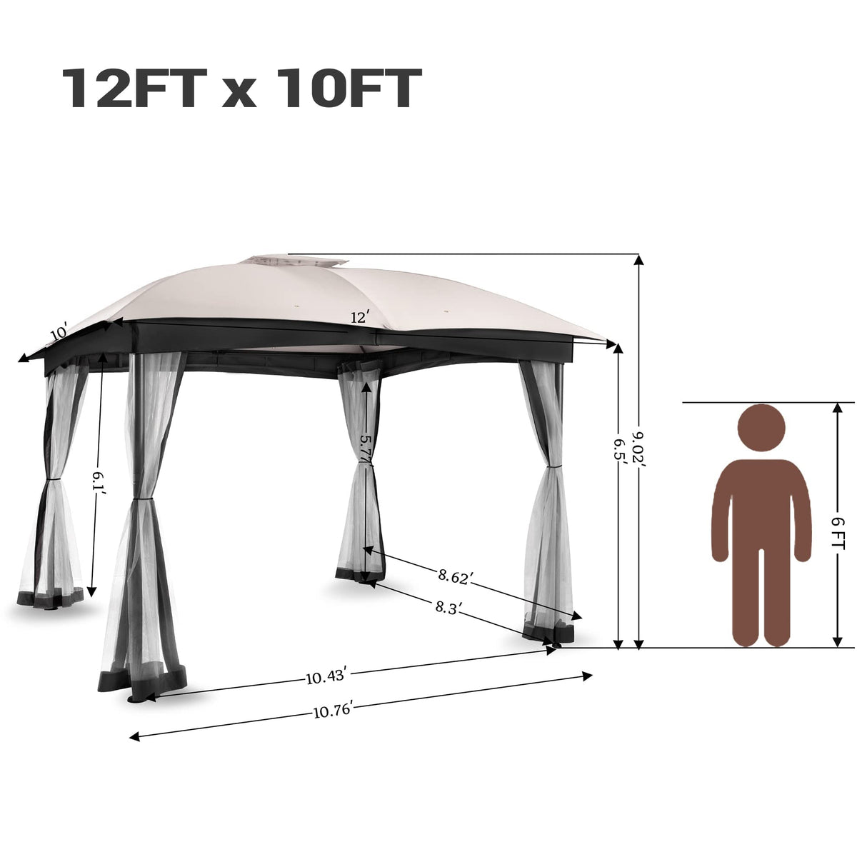FAB BASED 10x12 Gazebo, Double Vent Canopy Gazebo for Outdoor with Privacy Netting, Easy Setup Patio Pavilion with Steel Frame Strong Legs for Lawn, Backyard, Deck (Ash Grey) FAB BASED