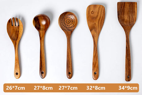 Wooden Kitchen Utensils Set, 5 PCs Natural Acacia Spurtle Set for Non-stick Pan Kitchen Tool Ladle and Wok Spatulas, Salad fork TEZZ