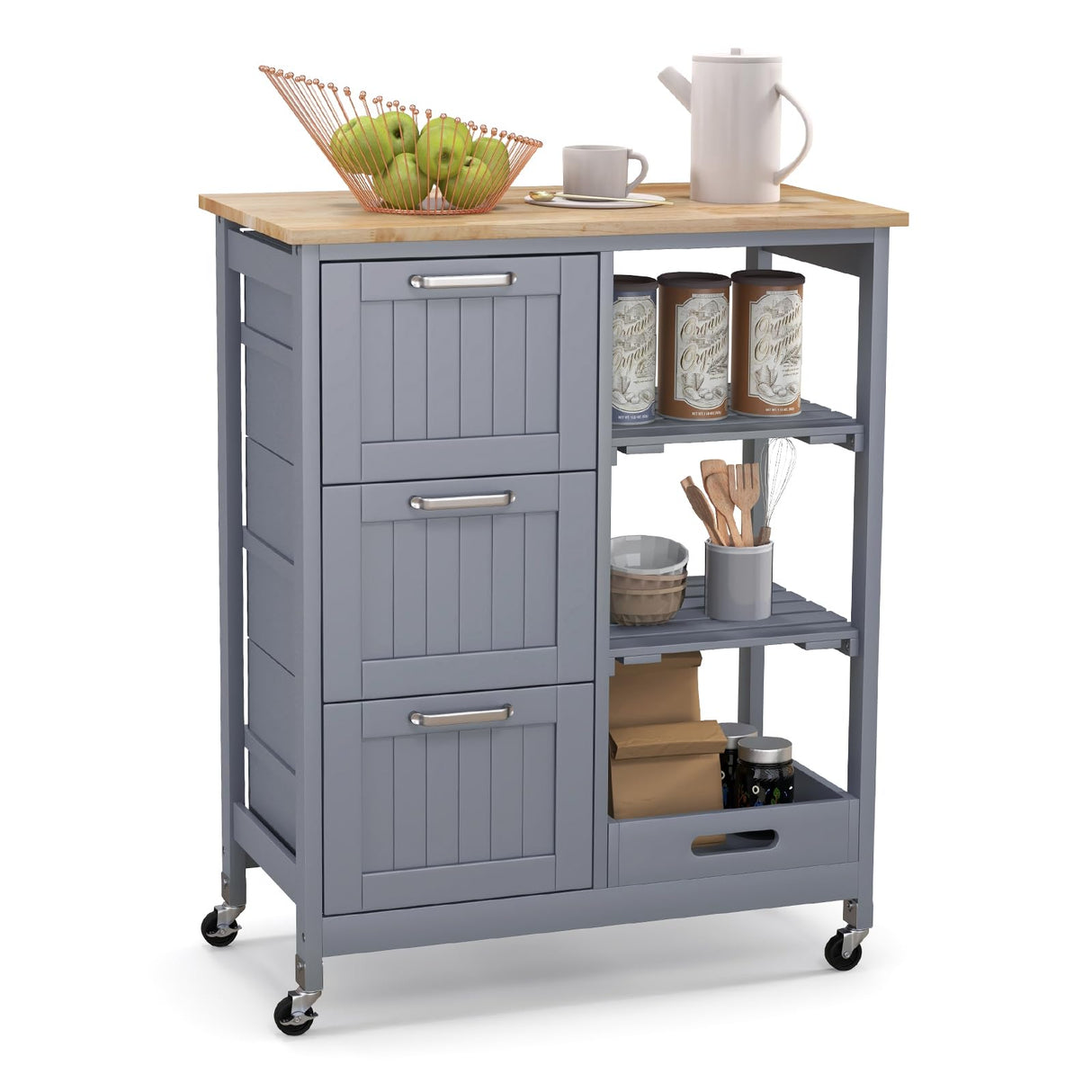 GOFLAME Kitchen Island Cart on Wheels with Storage, Versatile Rolling Cart with Wood Countertop, 3 Drawers, Removable Tray & Lockable Casters, Mobile Serving Trolley for Kitchen, Dining Room, Grey GOFLAME