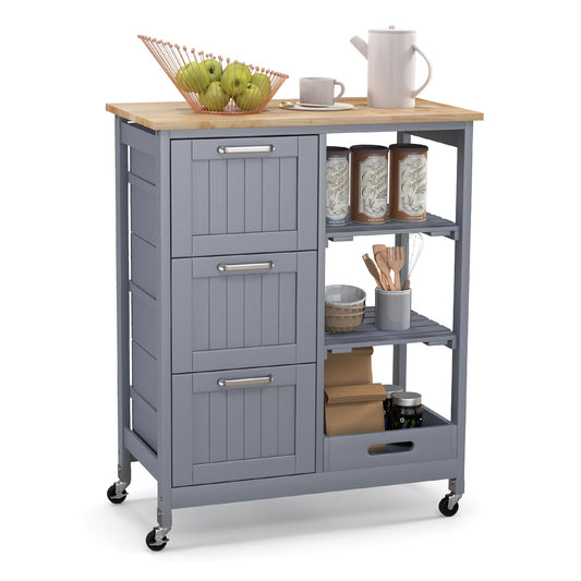 GOFLAME Kitchen Island Cart on Wheels with Storage, Versatile Rolling Cart with Wood Countertop, 3 Drawers, Removable Tray & Lockable Casters, Mobile Serving Trolley for Kitchen, Dining Room, Grey