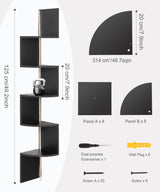 Outink 5 Tiers Corner Shelf with RGB LED Lights, 49.2" Wall Mount Floating Corner Display Shelf for Living Room Bedroom Home Office Decor, APP & Remote Control (Black) Outink