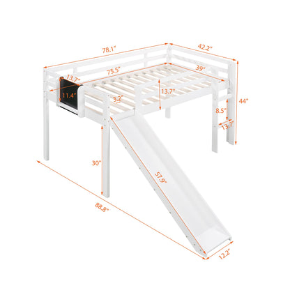 Twin Size Low Loft Bed with Slide,Kids Loft Bed with Chalkboard and Ladder,Wood Low Loft Bed Twin Size for Girls Boys,White