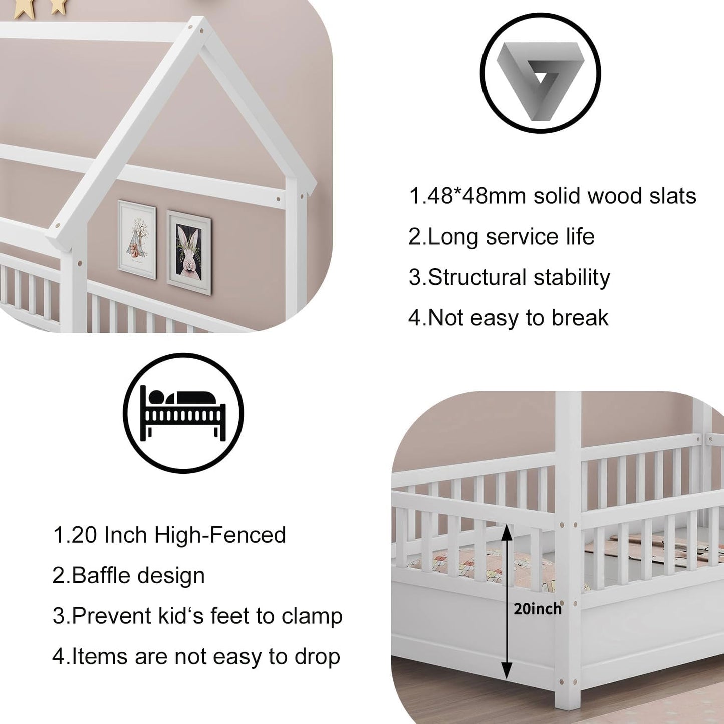 HUMZGHG Full Size Montessori House Bed with Roof & Guardrails for Kids - Sturdy White Wooden Frame - WoodArtSupply