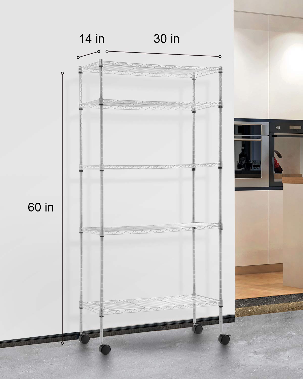 BestOffice 14"x30"x60" Storage Shelves Heavy Duty Shelving 5 Tier Layer Wire Shelving Unit with Wheels Metal Wire Shelf Standing Garage Shelves Storage Rack,Adjustable NSF Certified (Chrome) BestOffice