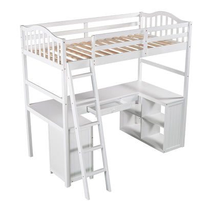 Harper & Bright Designs Twin Loft Bed with Desk, Wooden Loft Bed Frame with Storage Drawers, Cabinet, Shelves, for Kids Teens Adults (Twin Size, White)