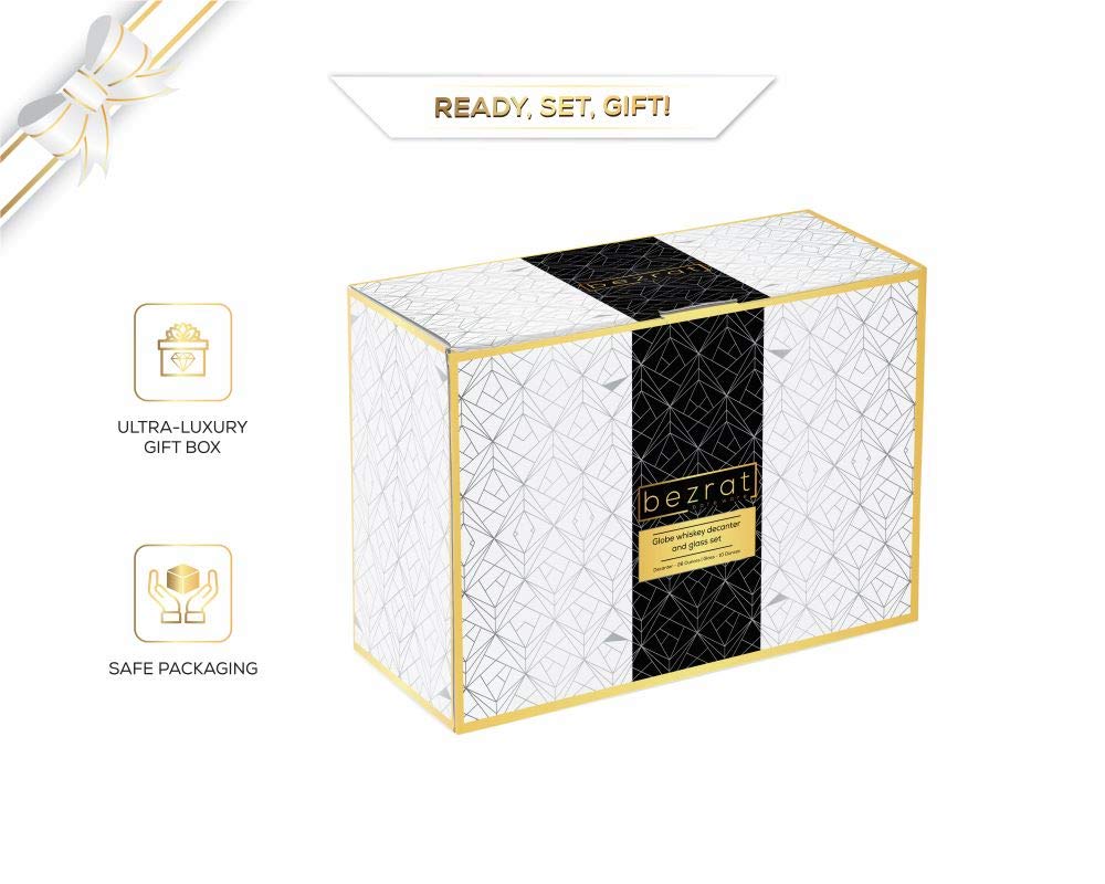 Globe Whiskey Decanter Set - + 2 Whisky Glasses on Rich Wood Classic Mahogany Base Tray - Gift Packaging - Antique Ship Whiskey Dispenser for Liquor Scotch Bourbon - Christmas Holiday Gift Bezrat