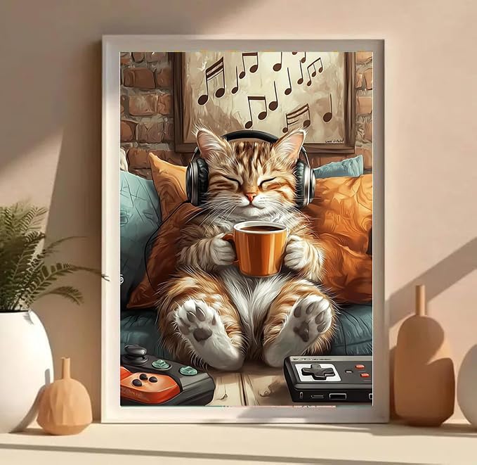 RYMILIE Cat Diamond Art Kits for Adults,Music Diamond Painting Kits for Beginners,DIY 5D Coffee Diamond Painting Kit for Home Wall Decor Gifts【11.8x15.7Inch】 RYMILIE