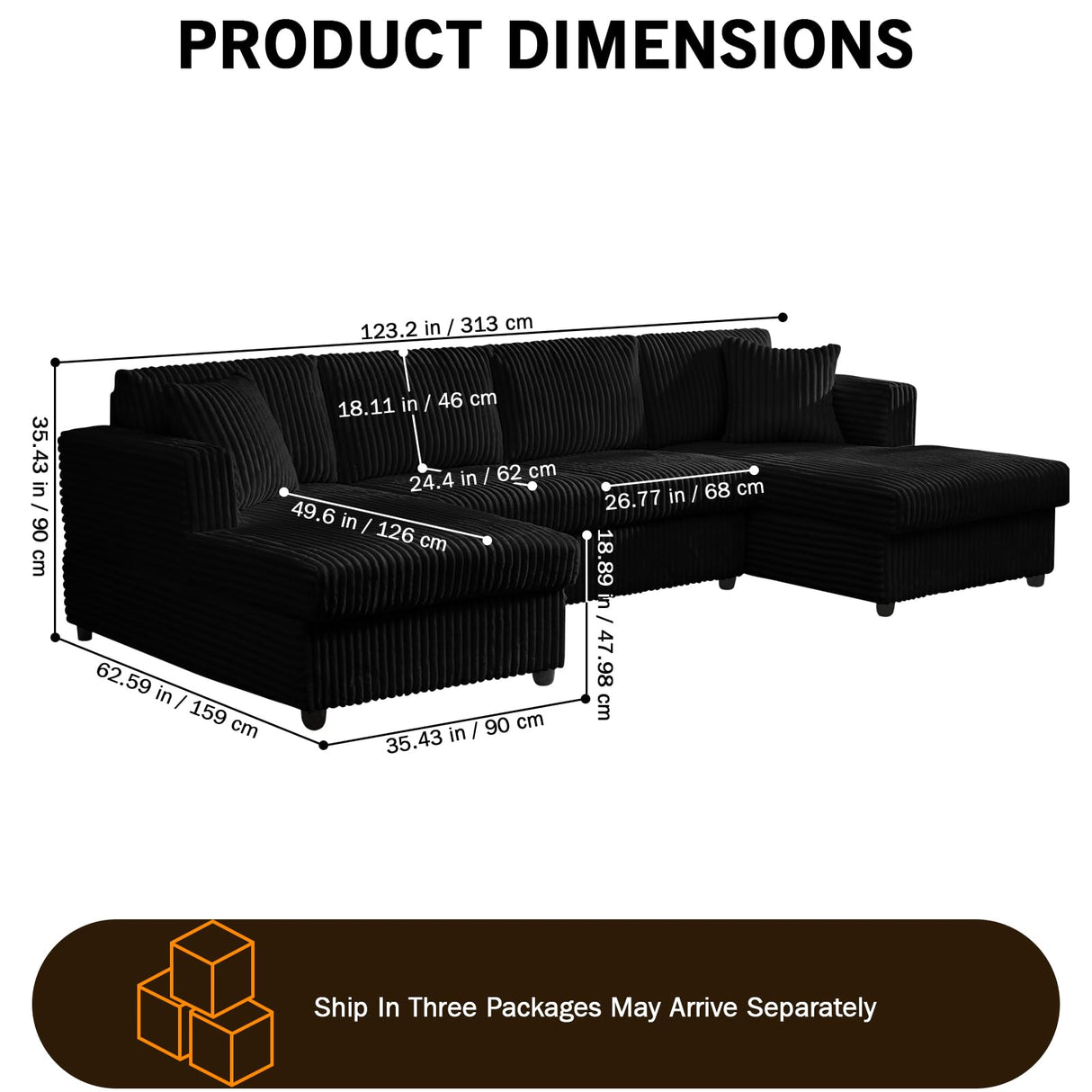 123" U-Shaped Modular Sesctional Sofa, Two L-Shape Chaise with 2 Cloud Couch Sectional with Two Pillows, Couches forLiving Room (Black) MYINDA