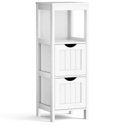 Tangkula Bathroom Floor Cabinet, Wooden Storage Cabinet w/2 Adjustable Drawers, Narrow Storage Floor Cabinet for Living Room Bathroom Office (White)