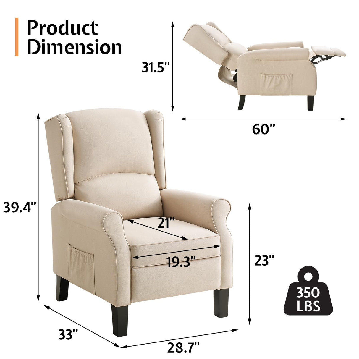 Jocisland Pushback Recliner Chair, Modern Fabric Wingback Armchair with Storage Pockets and Wood Legs, Classic Living Room Single Sofa for Small Spaces, Linen, Beige Jocisland