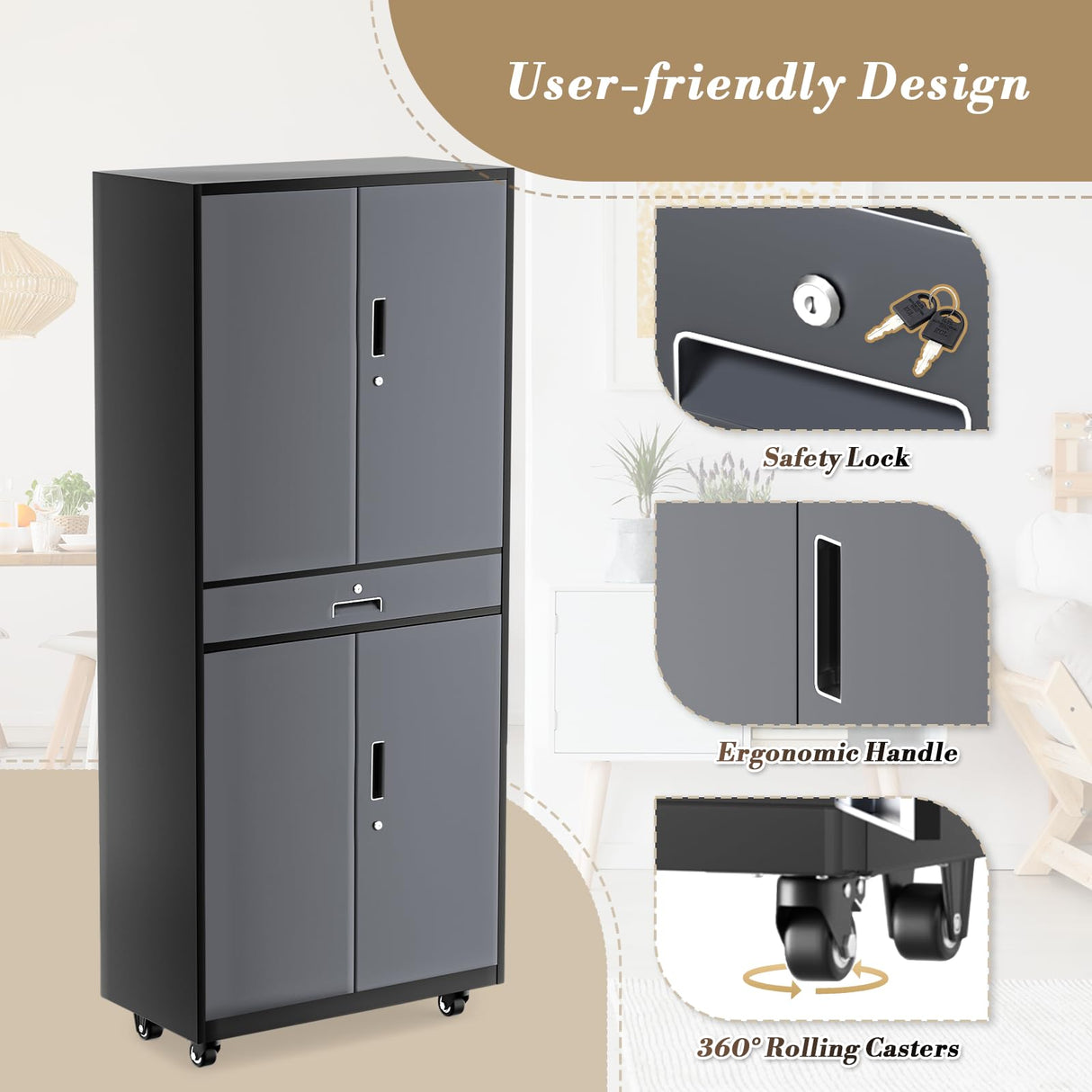 Athena Collection Metal Storage Cabinet with 4 Lock Doors and 4 Adjustbale Shelves, 74" Tall Rolling Garage Storage Cabinet for Home Office, School, Garage, Pantry, Grey Black Athena Collection